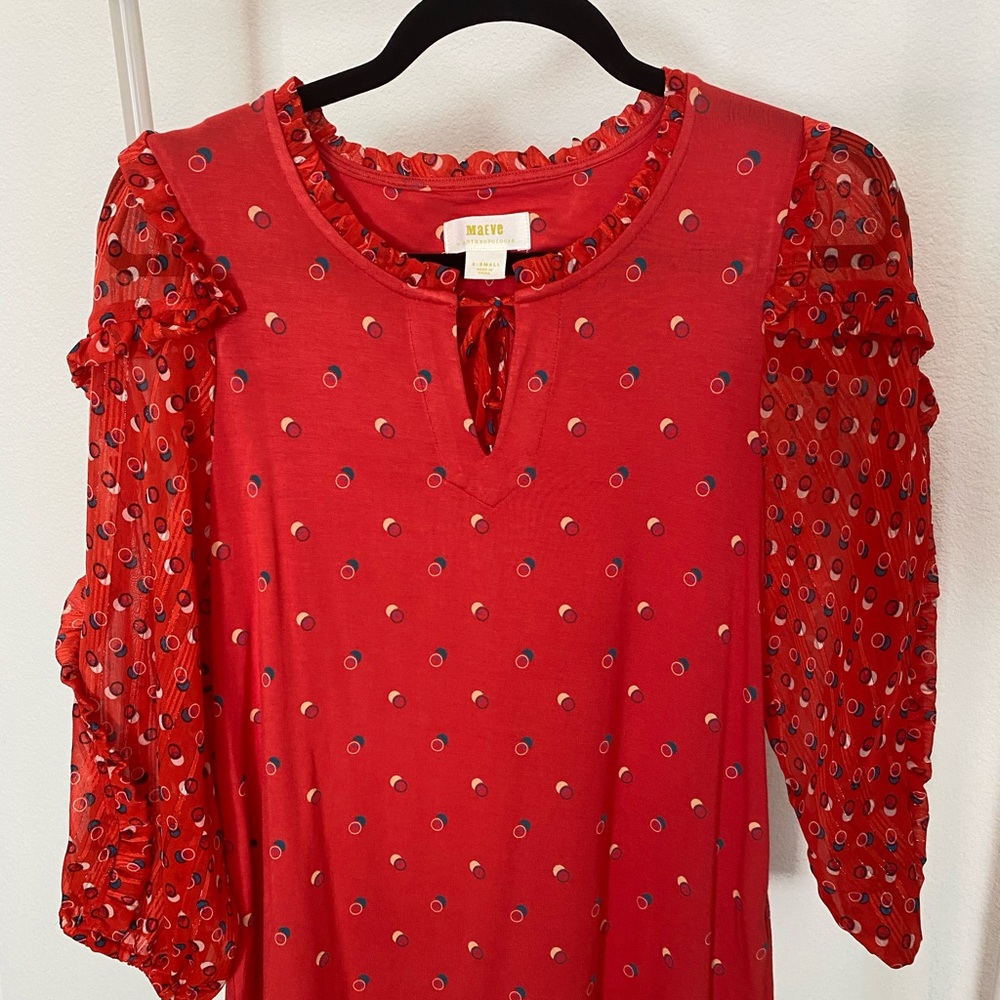 Anthropologie Maeve Red Blouse with Circle Pattern